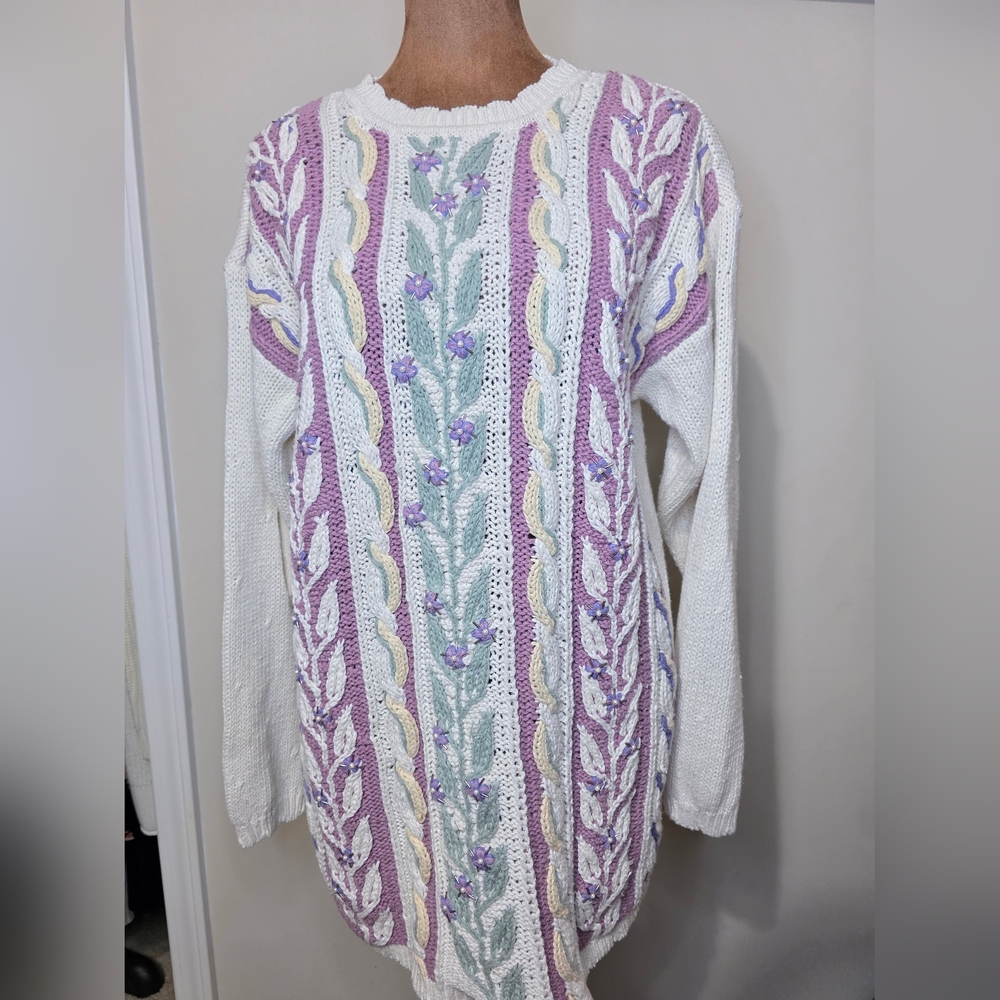 Vintage Cream & Dusty Rose Cable Knit Sweater – Floral Embroidered Cottagecore